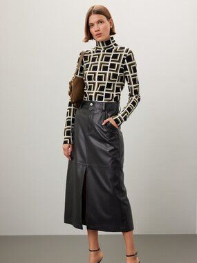 Saunders Collective x RTR‎ Black Faux Leather Midi Skirt Size 6